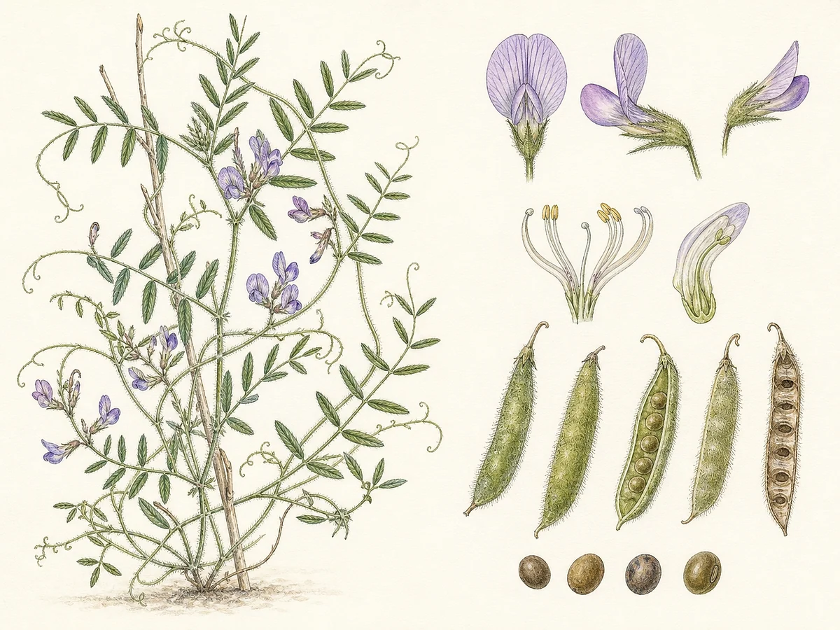 Prancha botânica documental de Vicia pubescens, trepadeira autóctone registada no arquipélago da Madeira
