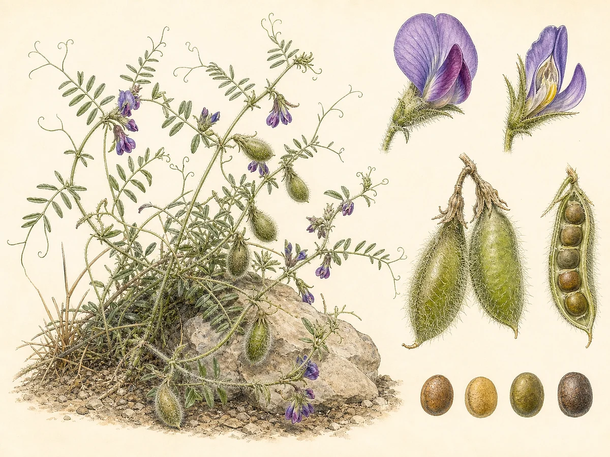 Prancha botânica documental de Vicia lutea subsp. vestita, trepadeira autóctone registada no arquipélago da Madeira