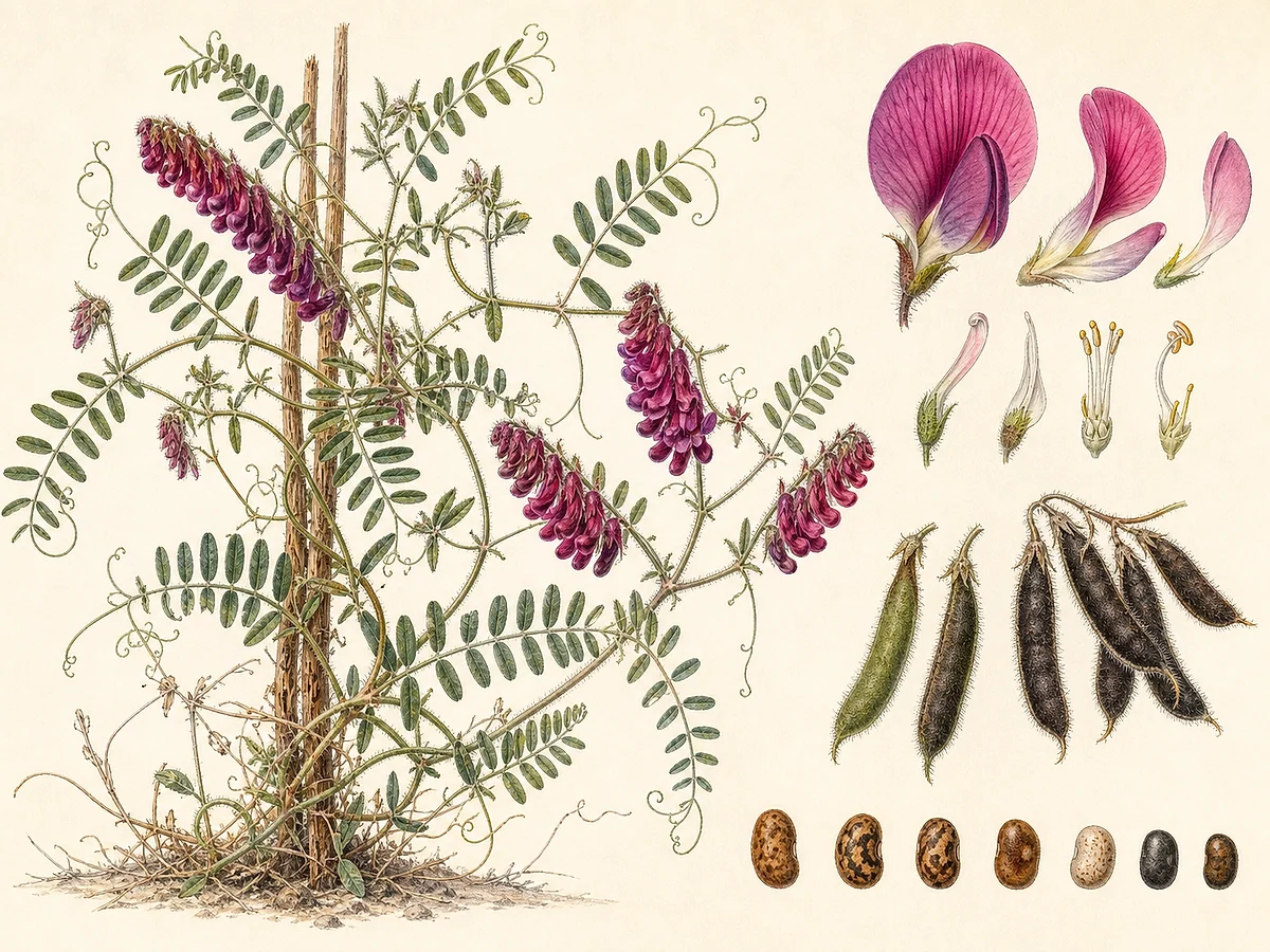 Prancha botânica documental de Vicia benghalensis, trepadeira autóctone registada no arquipélago da Madeira