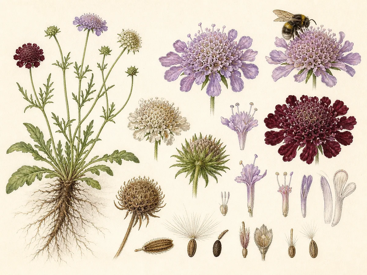 Ilustração botânica de escabiosa com roseta recortada, hastes finas, capítulos púrpura em alfineteira, involucelo, fruto e raiz