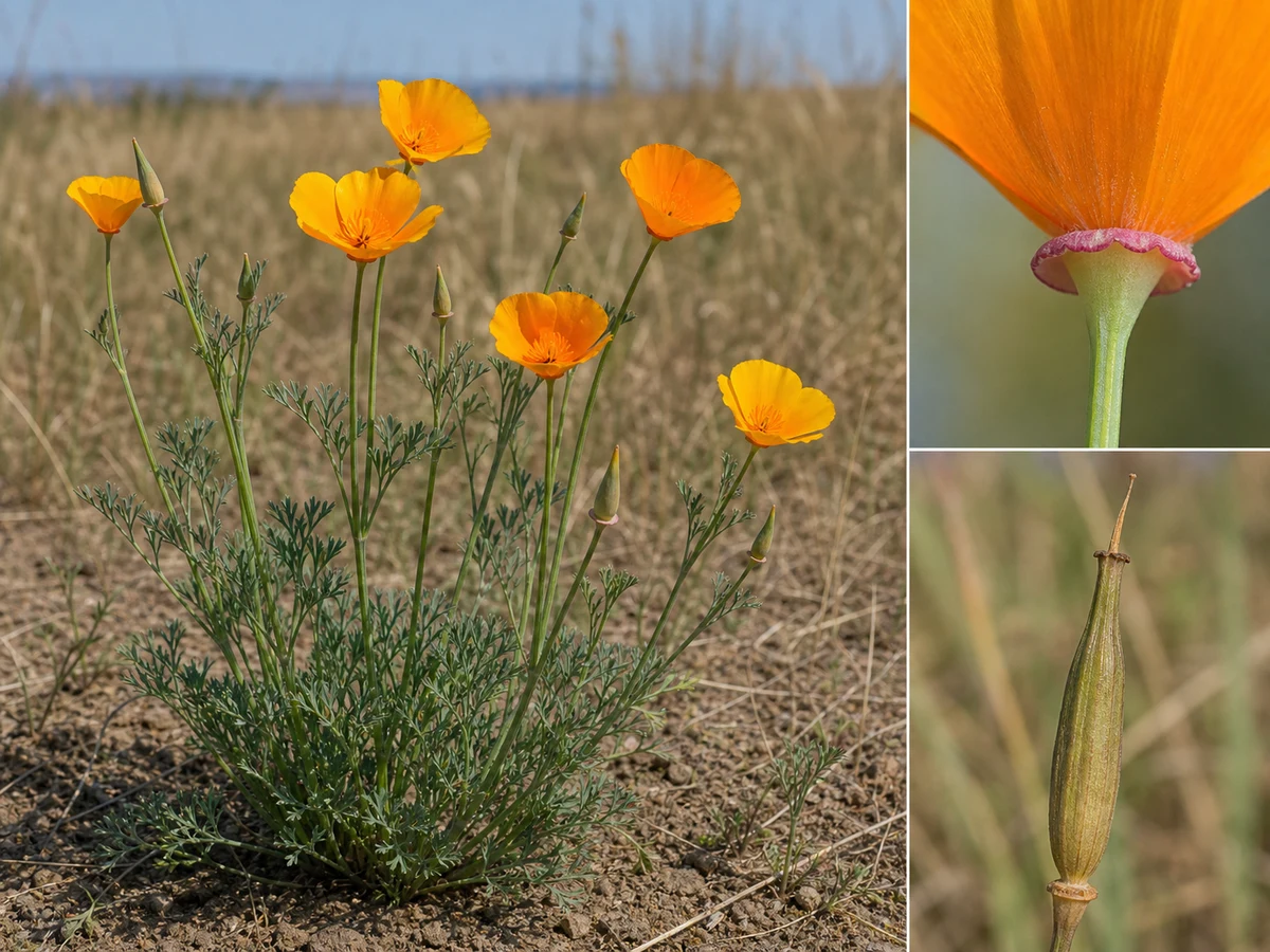 Prancha de Eschscholzia californica com folhas verde-azuladas finamente divididas, flores alaranjadas de quatro pétalas e cápsula