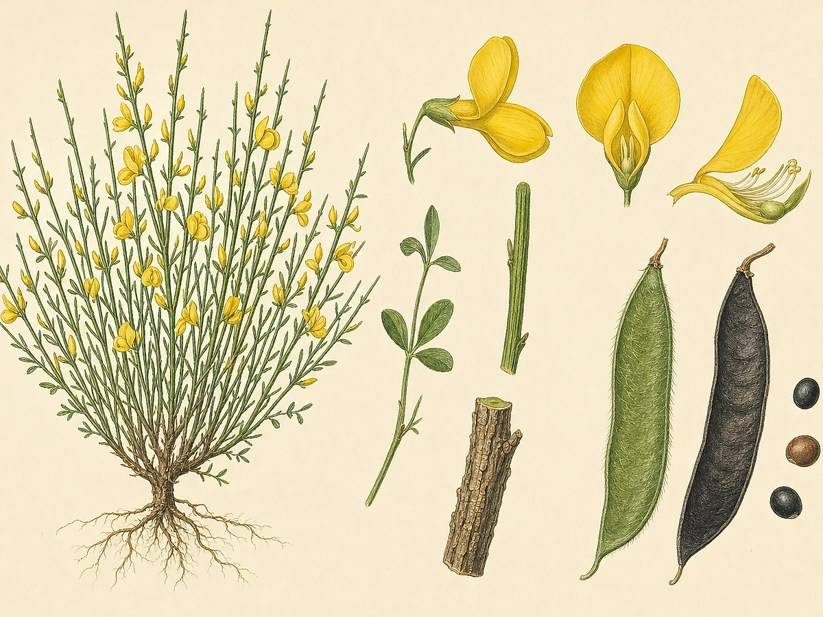 Prancha botânica preventiva de Cytisus scoparius com arbusto de ramos verdes angulosos, folhas trifoliadas, flores amarelas, vagens negras e sementes