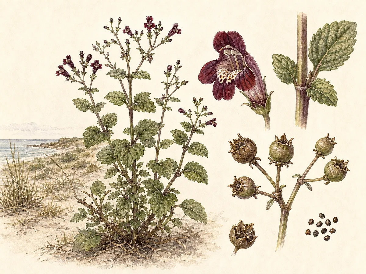 Prancha botânica de Scrophularia frutescens com subarbusto de duna, folhas opostas serradas, pequenas flores grená bilabiadas em inflorescências e cápsulas