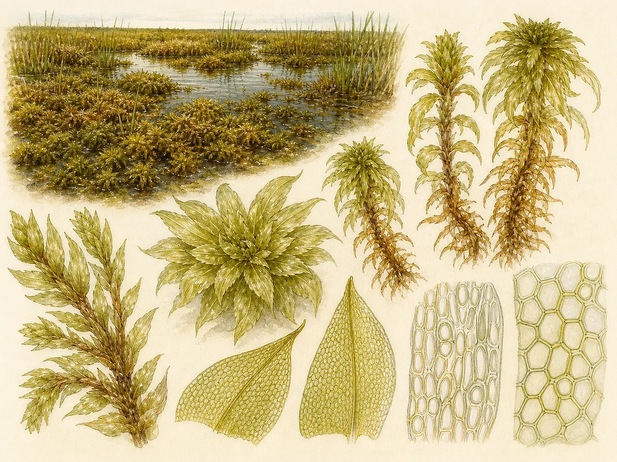 Prancha briológica de Sphagnum auriculatum com tapete verde-acastanhado de depressão inundada, capítulos, fascículos e folhas ampliadas