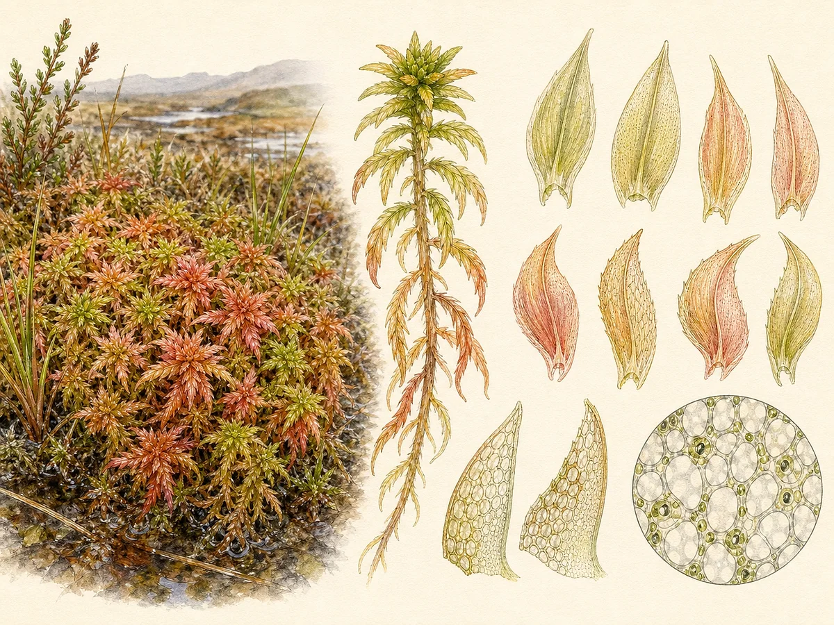 Prancha briológica de Sphagnum subnitens com tapete salmão e verde, capítulos estrelados, ramos pendentes e folhas microscópicas
