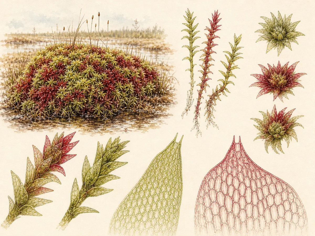 Prancha briológica de Sphagnum capillifolium com almofada compacta verde e avermelhada, capítulos estrelados, fascículos e folhas microscópicas