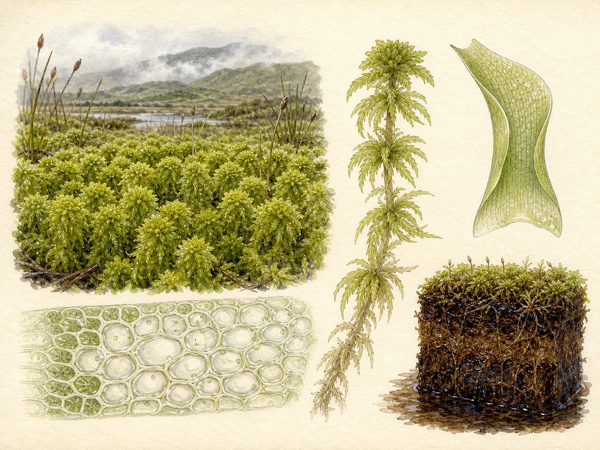 Prancha briológica de Sphagnum palustre com tapete verde robusto, capítulos arredondados, fascículos de ramos e folhas ampliadas