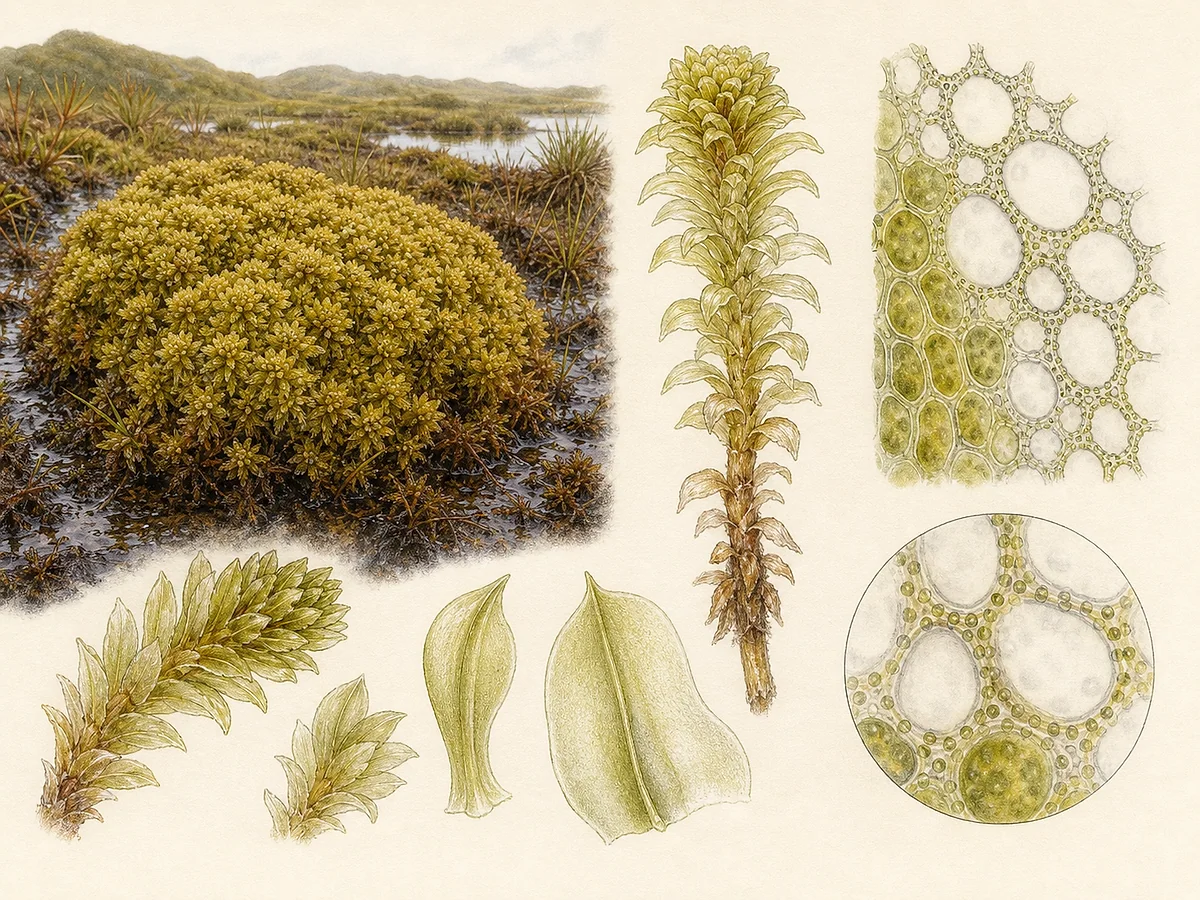 Prancha briológica de Sphagnum papillosum com almofada ocre robusta, capítulos compactos, fascículos e detalhe celular com papilas