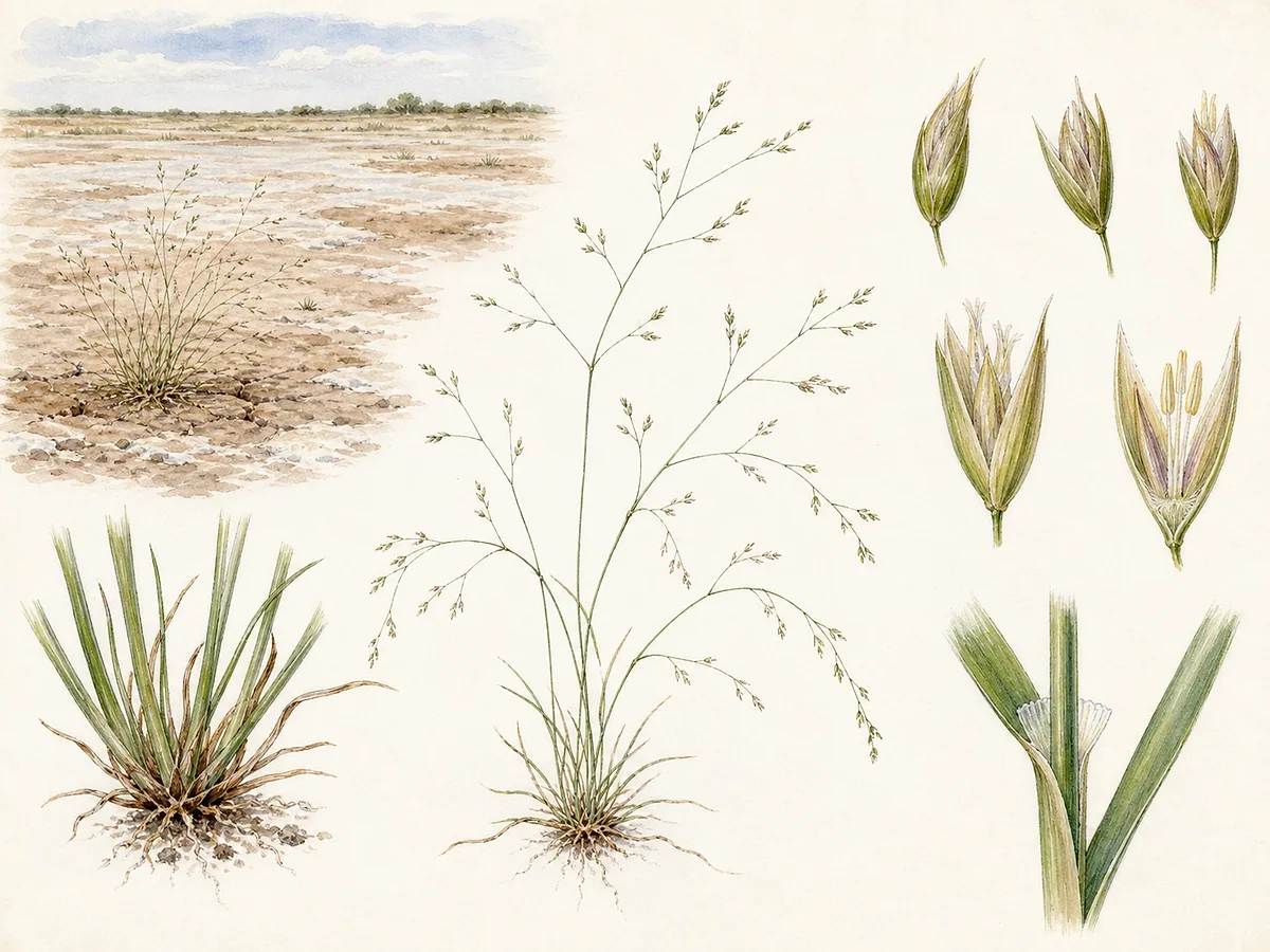 Prancha botânica de Sphenopus divaricatus com pequena gramínea anual de colmos finos, panícula muito aberta e divaricada, pedicelos delicados e espiguetas ampliadas