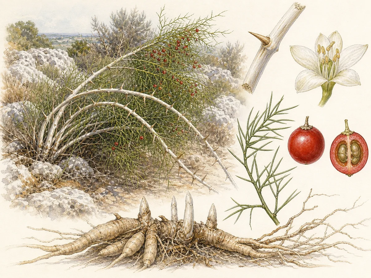 Prancha botânica de Asparagus albus com ramos brancos arqueados e espinhosos, cladódios finos, pequenas flores brancas, bagas vermelhas e rizoma