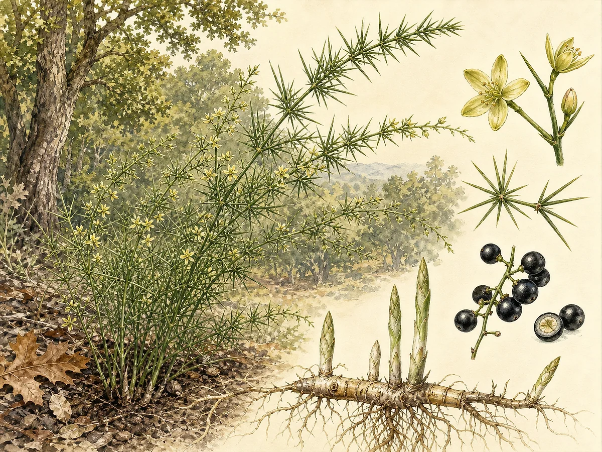 Prancha botânica de Asparagus acutifolius com caules arqueados, fascículos densos de cladódios finos e pungentes, pequenas flores amareladas, bagas negras e rizoma