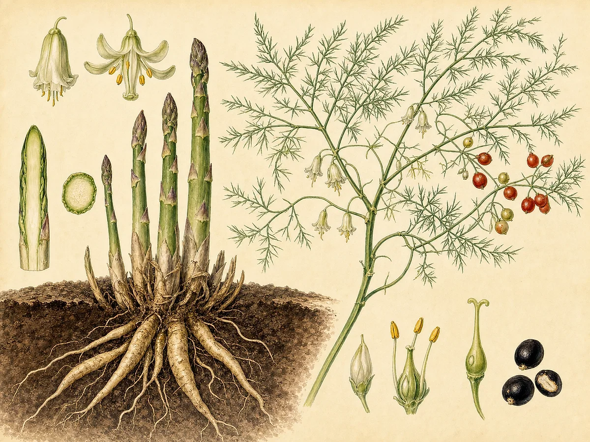 Ilustração botânica de espargueira com coroa e raízes carnudas, rebentos comestíveis, folhagem plumosa, flores, bagas vermelhas e sementes