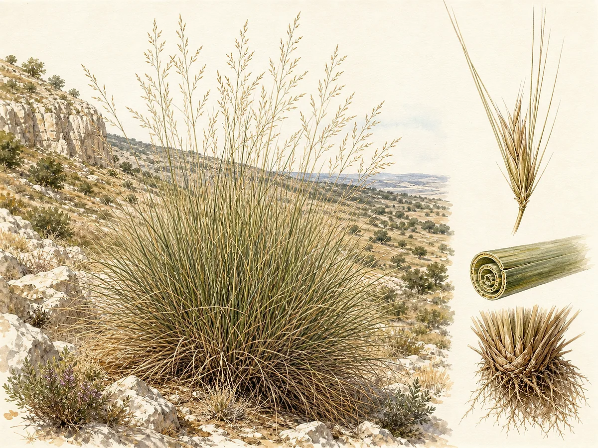 Prancha botânica de Stipa tenacissima com grande touceira densa, folhas enroladas e tenazes, panícula estreita, espigueta de arista longa e base fibrosa