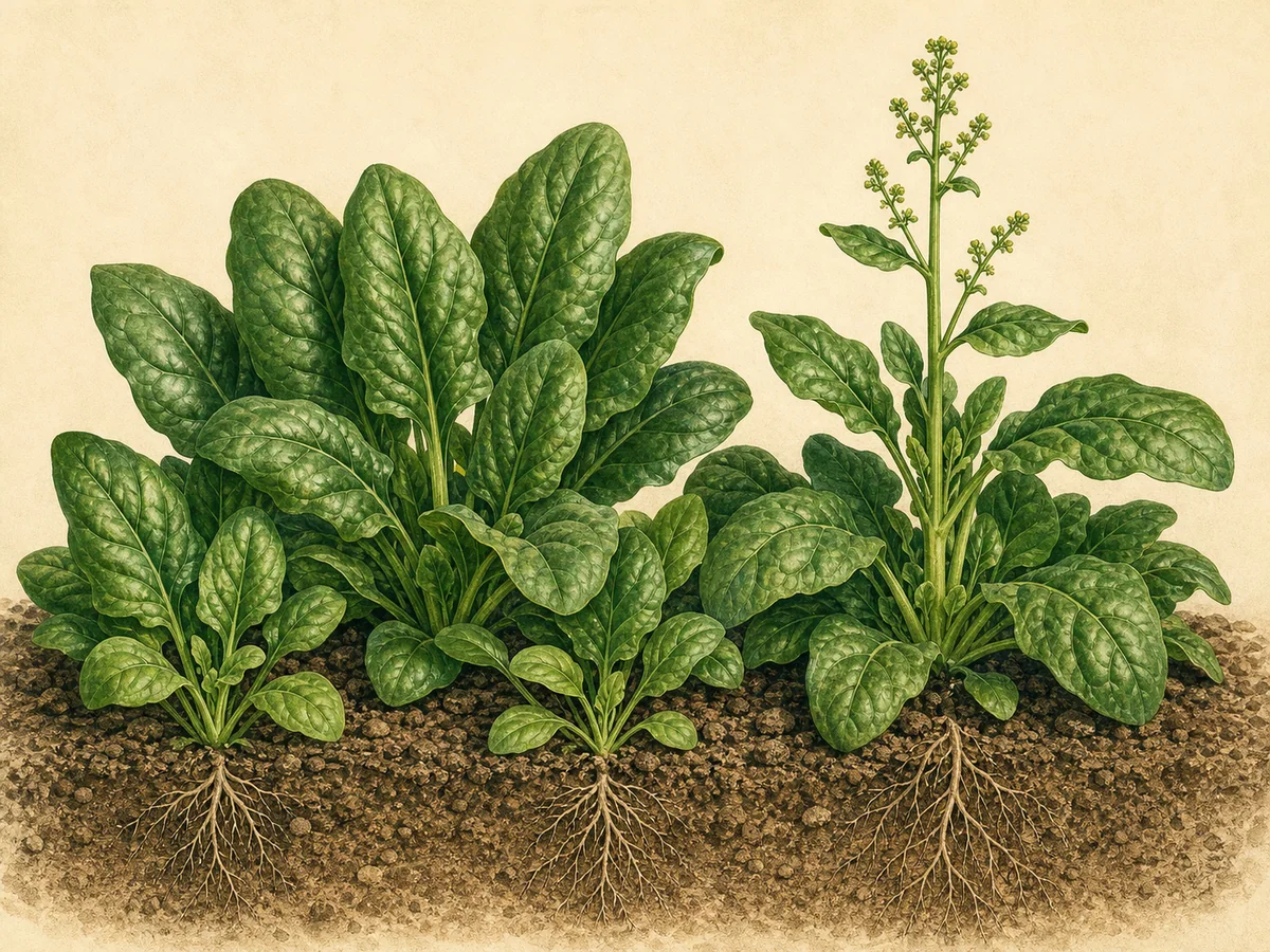 Ilustração botânica de espinafres em roseta e uma planta em espigamento