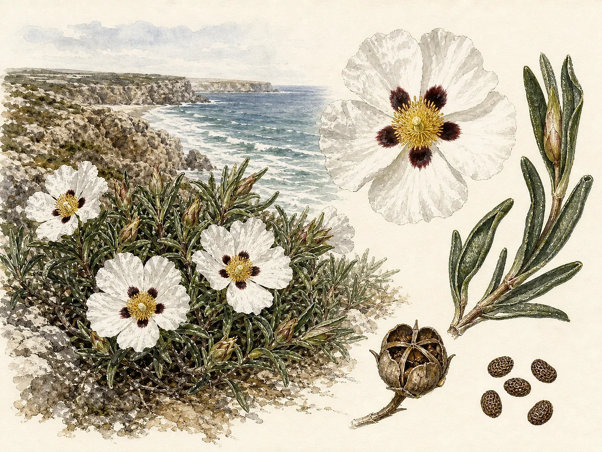 Prancha botânica de Cistus ladanifer subsp. sulcatus com arbusto costeiro resinoso, folhas estreitas de margens revolutas, grandes flores brancas com manchas escuras e cápsulas