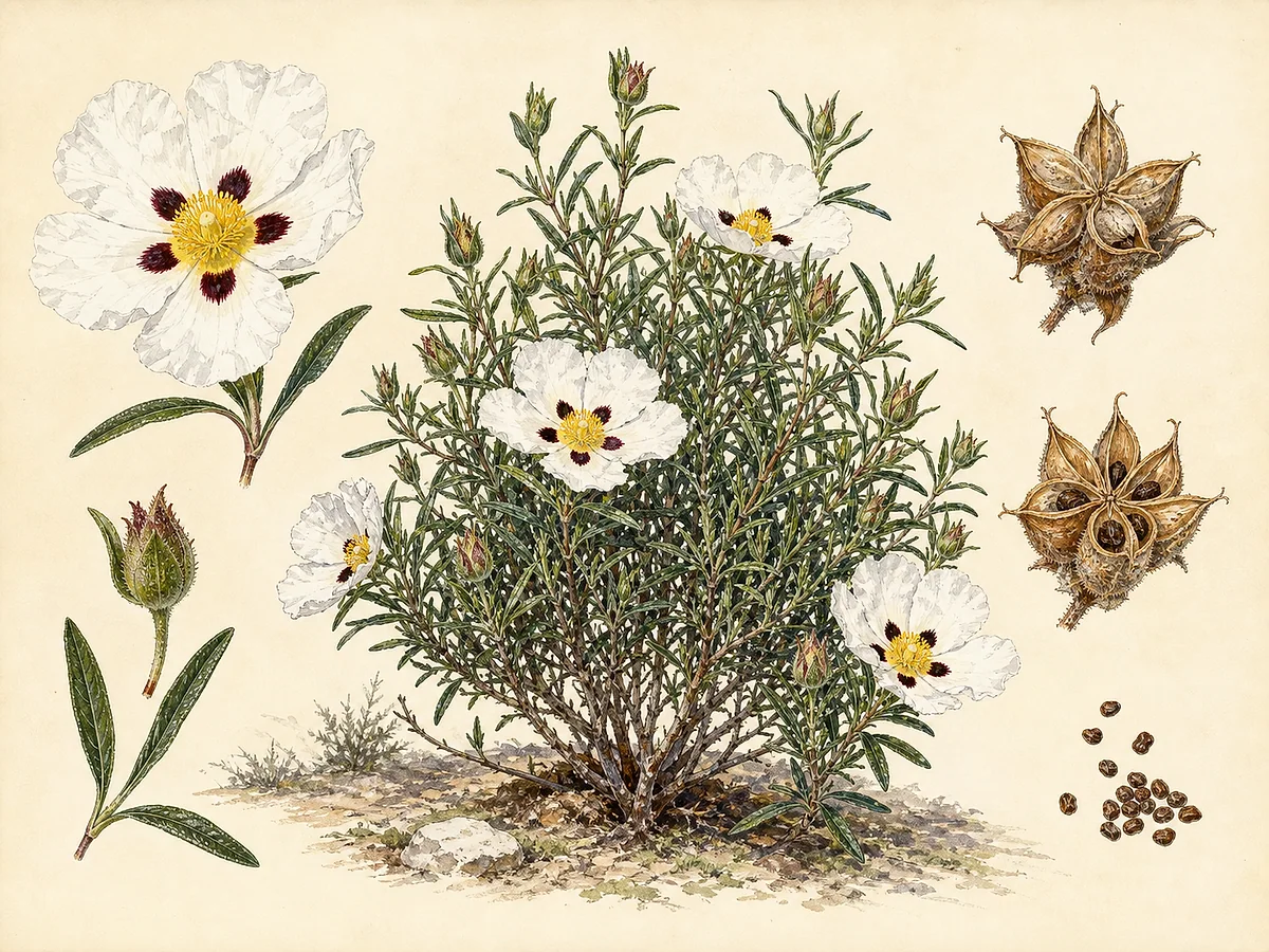 Ilustração botânica de esteva com folhas estreitas resinosas, grandes flores brancas com manchas púrpura, cápsulas e sementes
