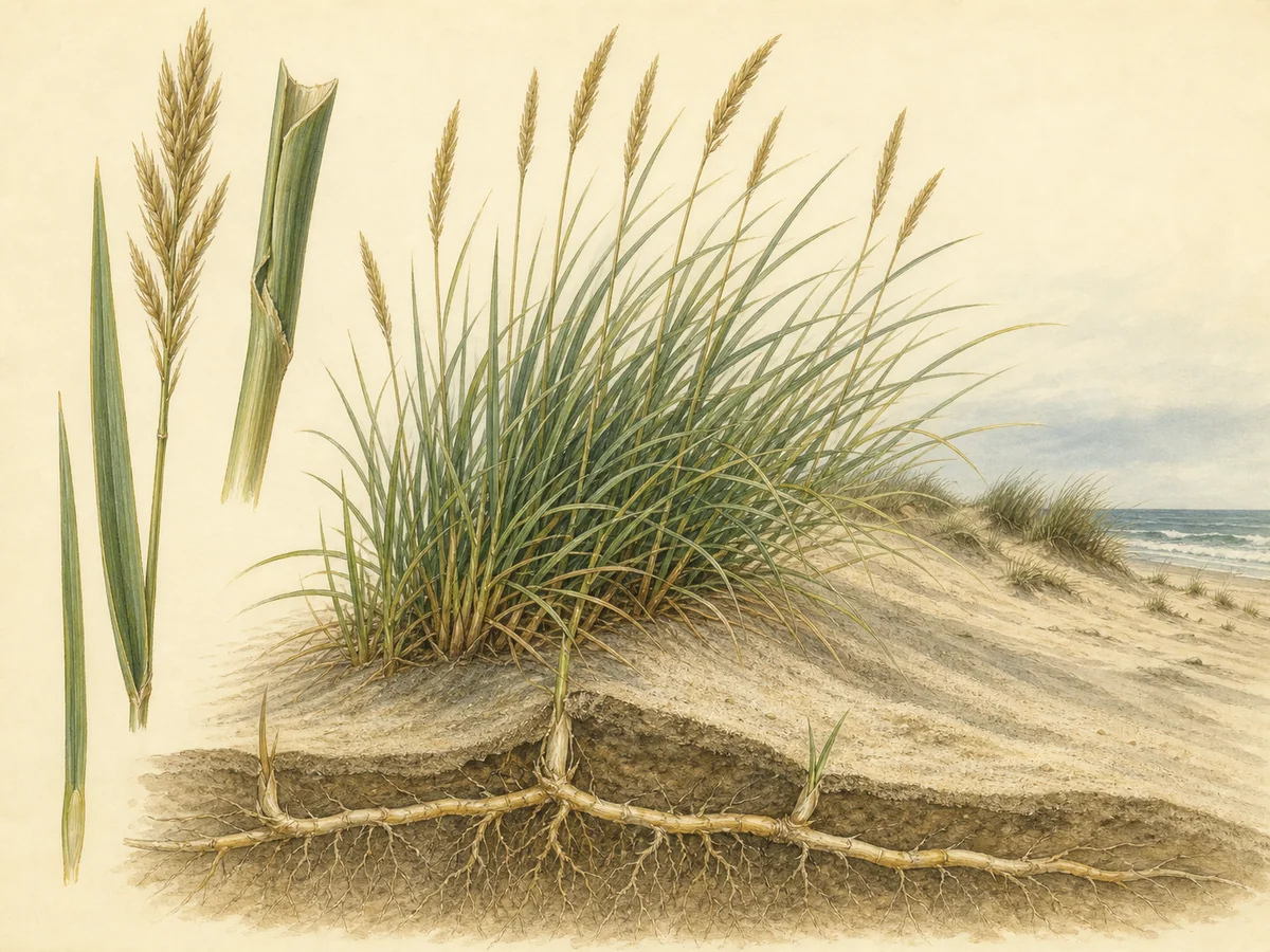 Ilustração botânica de estorno com folhas enroladas, panículas cor de palha e longos rizomas a fixar areia móvel