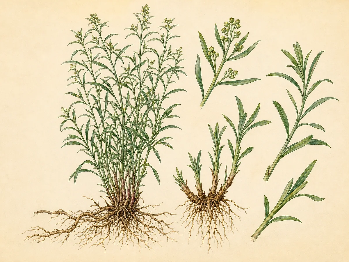 Ilustração botânica de estragão-francês com touceira de caules finos, folhas estreitas lanceoladas, pequenas inflorescências esverdeadas, rizomas e estaca