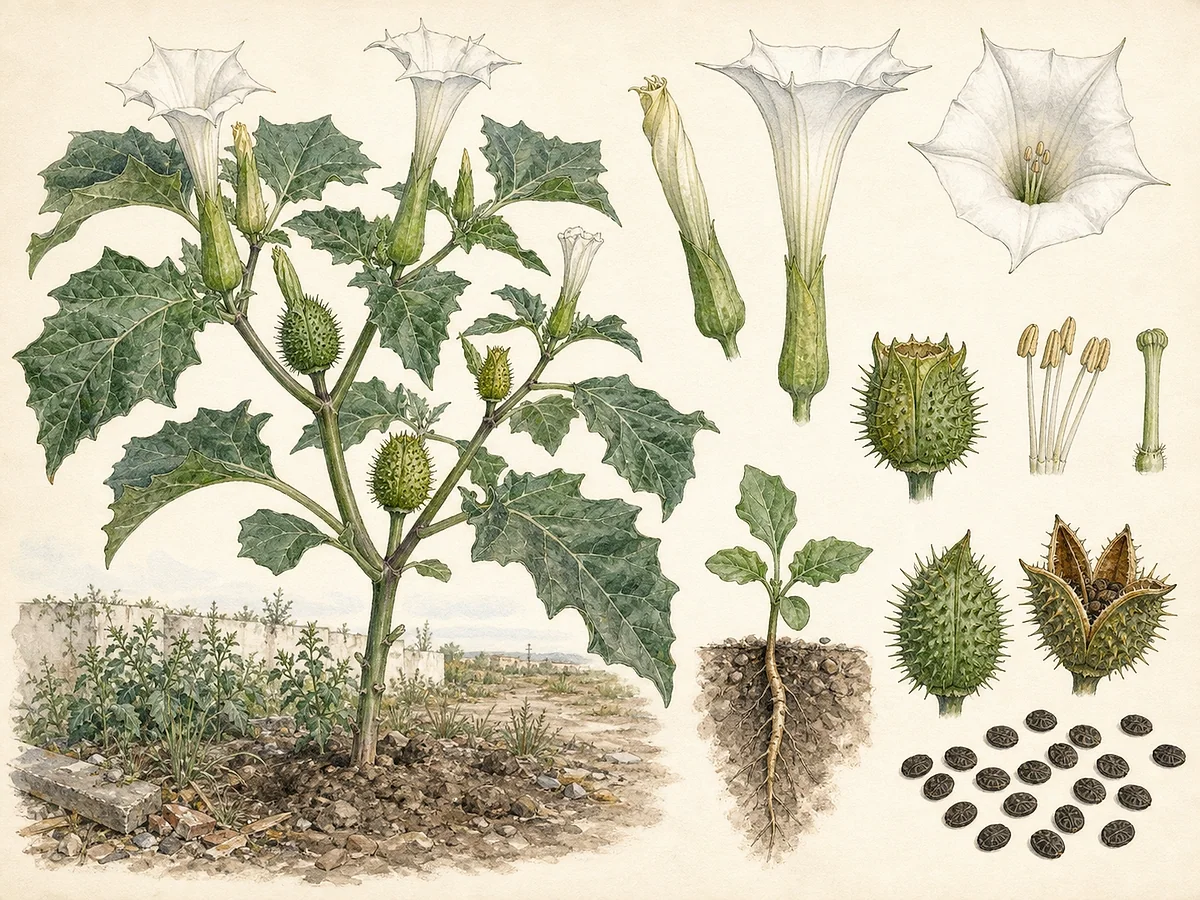 Prancha botânica de Datura stramonium com folhas grandes dentadas, flor branca ereta em trombeta e cápsula ovoide densamente espinhosa
