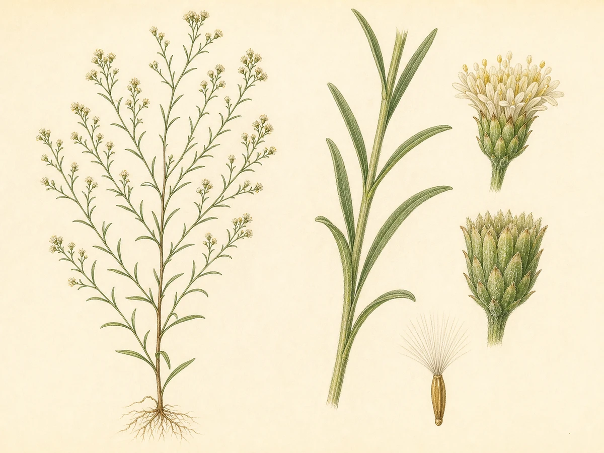 Prancha ilustrada de Aster squamatus, nome aceite Symphyotrichum squamatum, com planta ramificada, folhas estreitas, capítulos pequenos e frutos com papilho