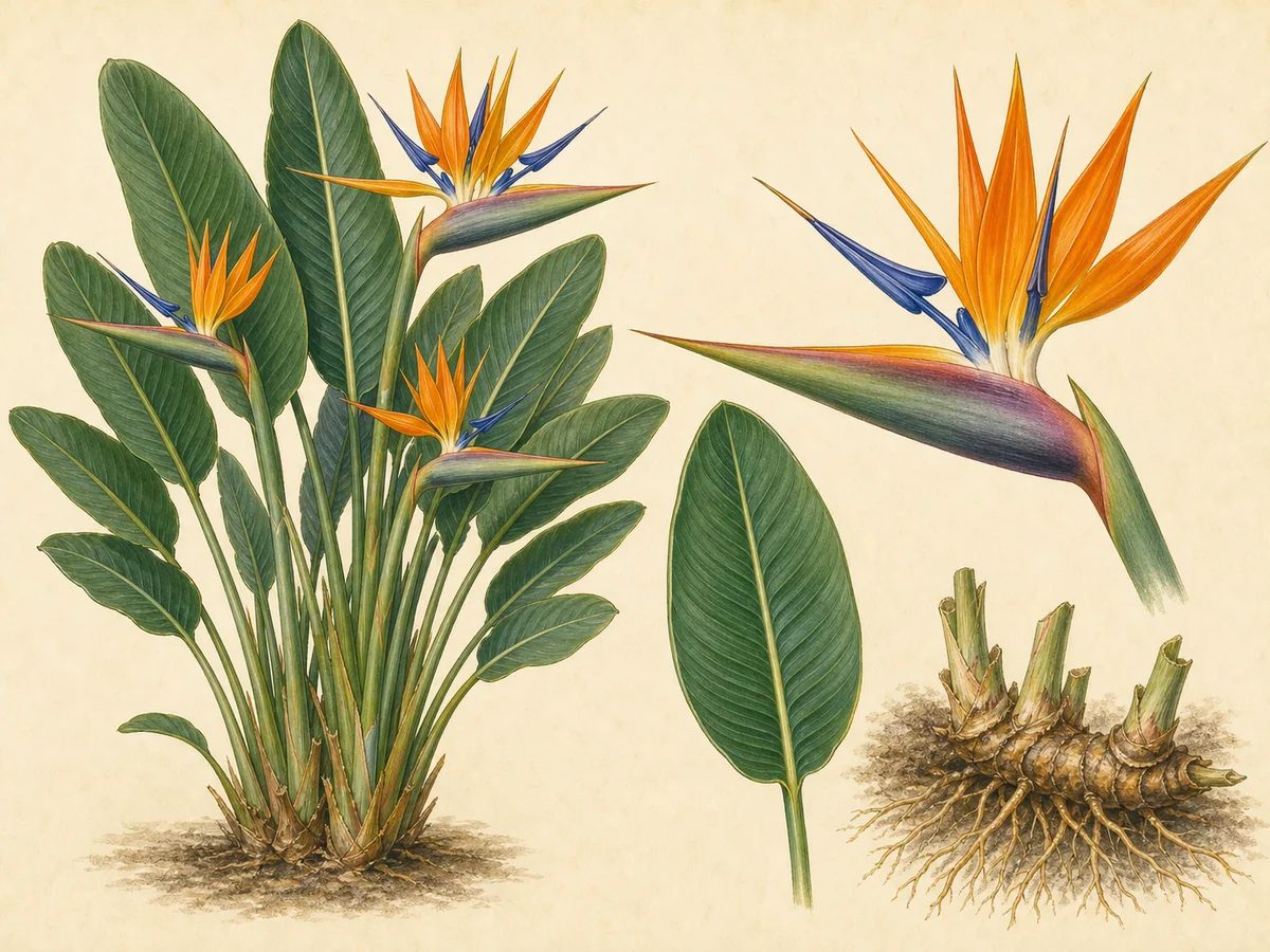 Ilustração botânica de uma estrelícia com folhas largas em leque e flores laranja e azul em forma de ave