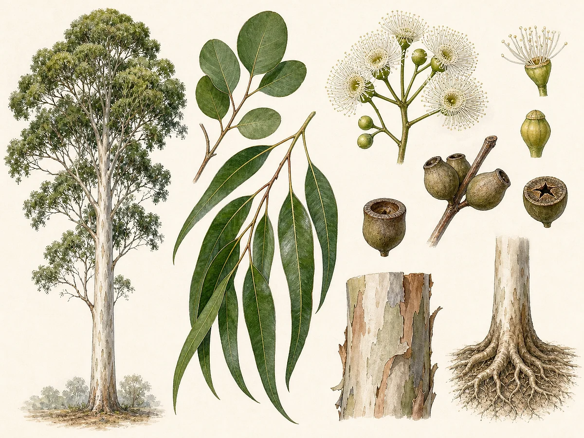 Prancha botânica de Corymbia citriodora com árvore alta de tronco liso claro, folhas lanceoladas, botões, flores brancas e cápsulas