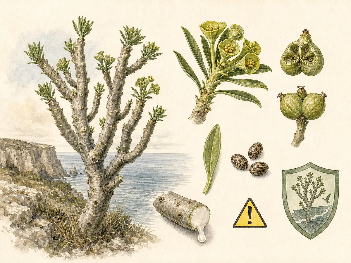 Prancha botânica de Euphorbia pedroi com arbusto suculento das arribas calcárias, ramos grossos, folhas estreitas, ciátios amarelo-esverdeados e cápsulas