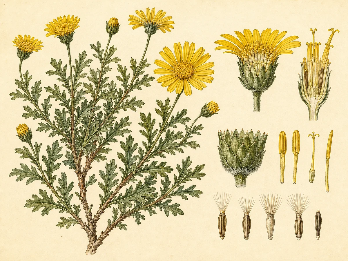 Prancha botânica de Euryops chrysanthemoides com arbusto ramificado, folhas lobadas, capítulos amarelos, invólucro e aquénios
