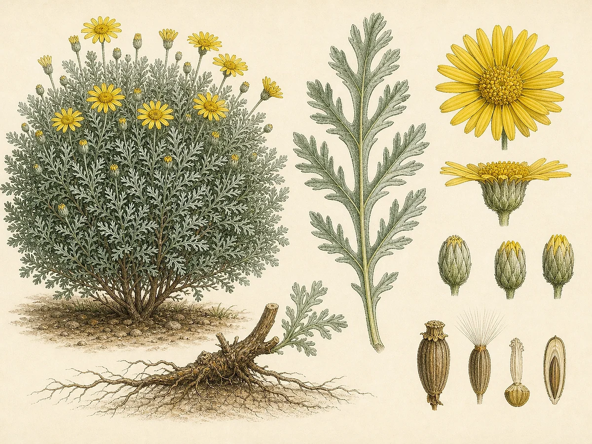Prancha botânica de Euryops pectinatus com arbusto arredondado, folhas cinzento-verdes recortadas, capítulos amarelos, botões e aquénios
