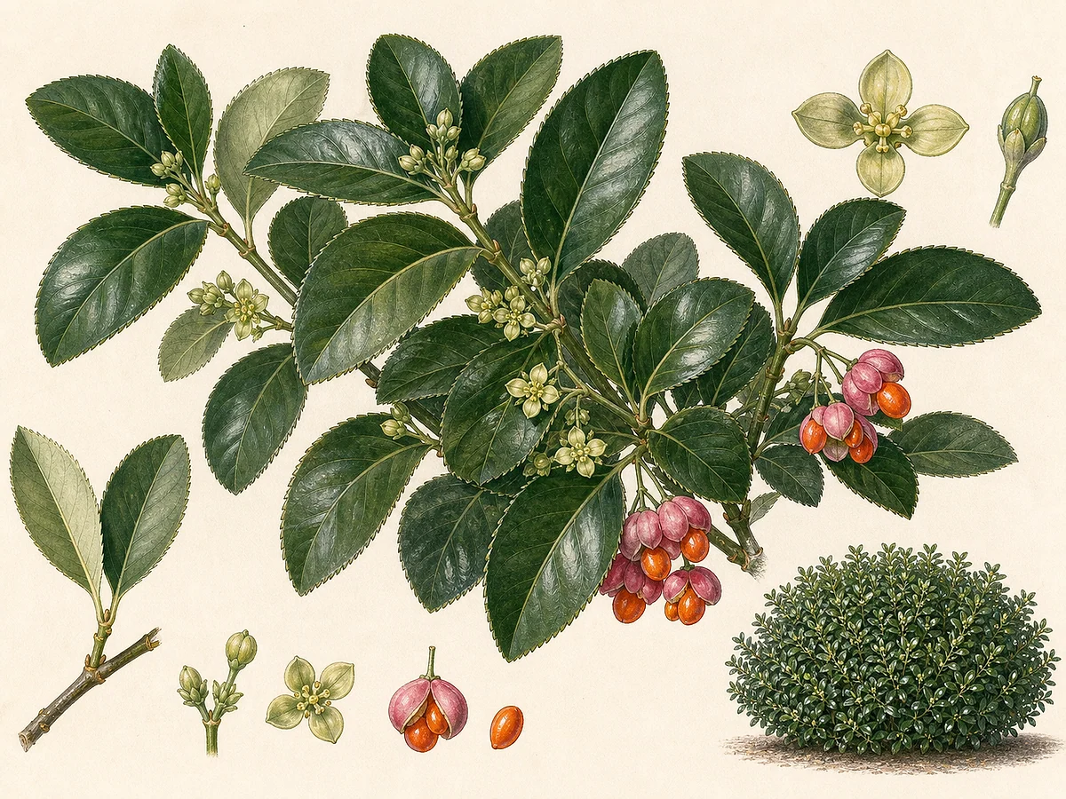 Prancha botânica de Euonymus japonicus com folhas opostas coriáceas serrilhadas, flores pequenas esverdeadas e cápsulas rosadas abertas sobre arilos alaranjados