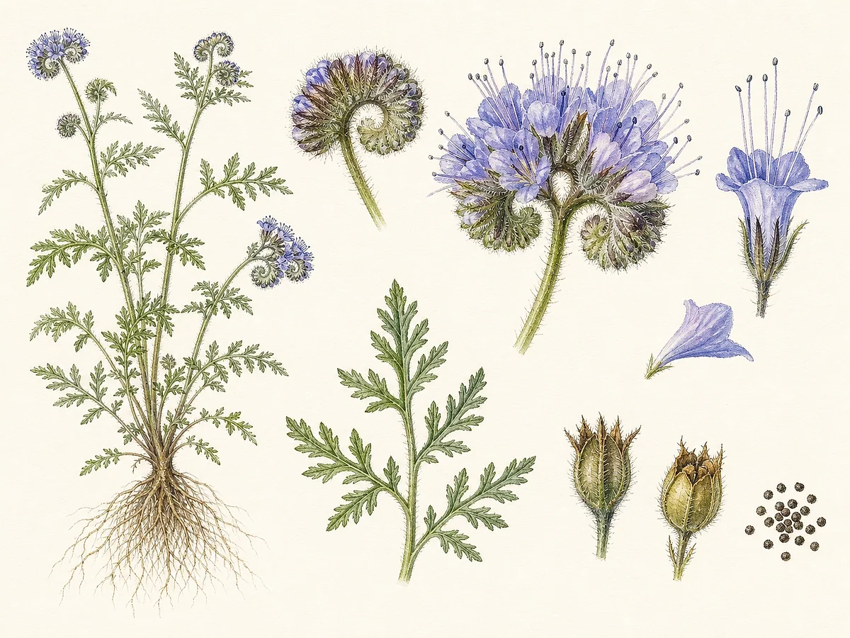 Ilustração botânica de facélia com folhas profundamente recortadas, inflorescências violetas enroladas em báculo, estames salientes, cápsulas e sementes