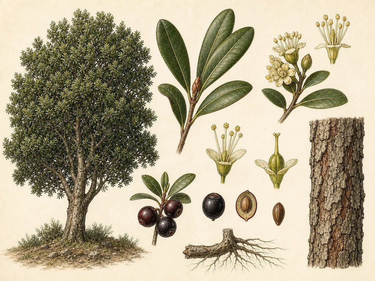 Prancha botânica de Myrica faya com pequena árvore, folhas coriáceas, flores masculinas e femininas, frutos vermelho-escuros e casca