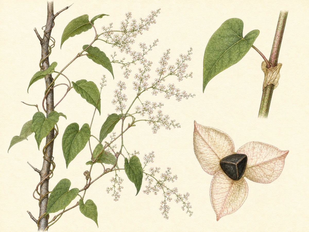 Prancha ilustrada de Fallopia baldschuanica com liana lenhosa trepadora, caules finos, folhas ovadas cordiformes alternas, ócrea, panículas ramificadas brancas e fruto trígono envolvido por tépalas aladas