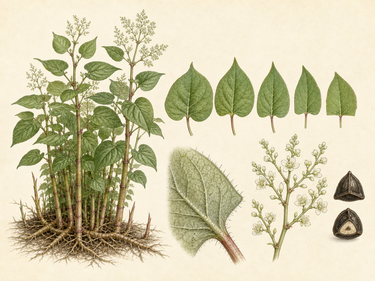 Prancha ilustrada de Fallopia × bohemica com colónia rizomatosa, canas ocas nodosas, série de folhas alternas intermédias entre cordiformes e truncadas, pelos inferiores curtos e panículas esbranquiçadas