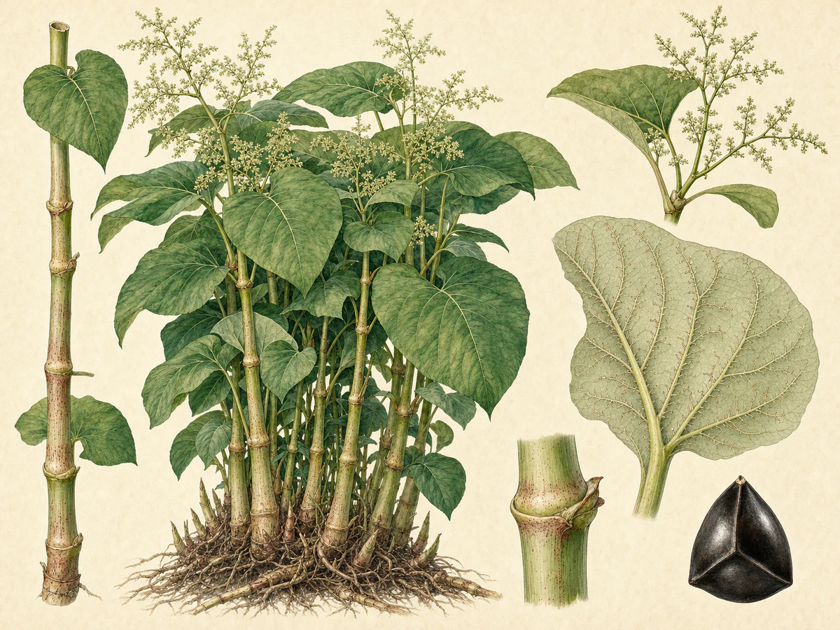 Prancha ilustrada de Fallopia sachalinensis com colónia alta rizomatosa, canas ocas articuladas, folhas alternas enormes cordiformes, face inferior pilosa, panículas axilares branco-esverdeadas e aquénio trígono