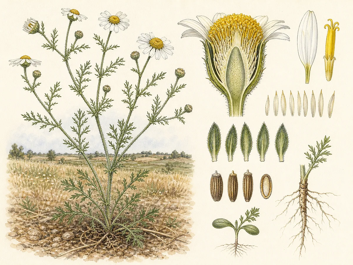 Prancha botânica de Anthemis arvensis com folhas finamente divididas, lígulas brancas, disco amarelo e recetáculo cónico sólido com páleas