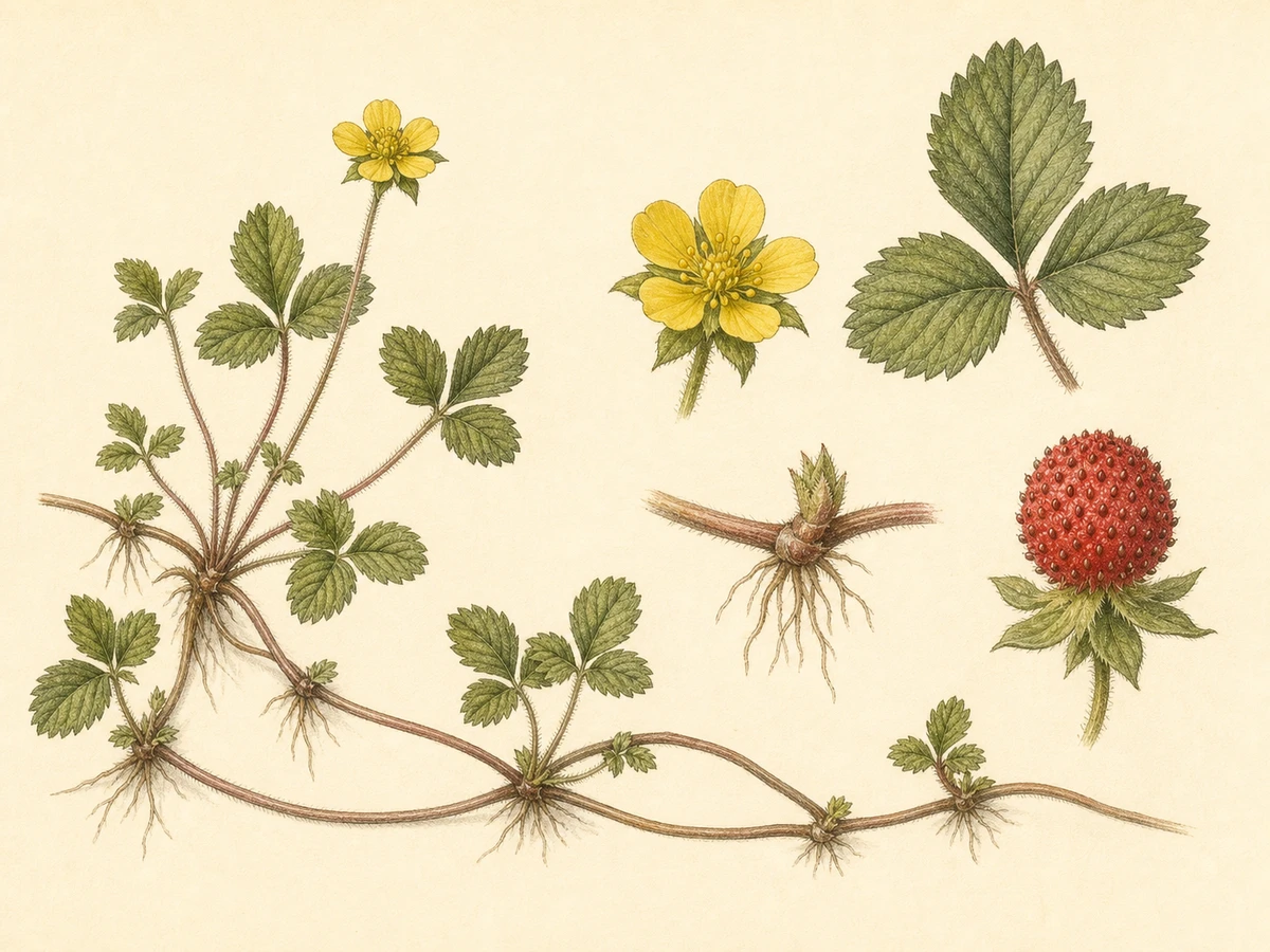 Prancha ilustrada de Duchesnea indica, nome aceite Potentilla indica, com estolhos, folhas trifoliadas, flor amarela, fruto vermelho e aquénios à superfície