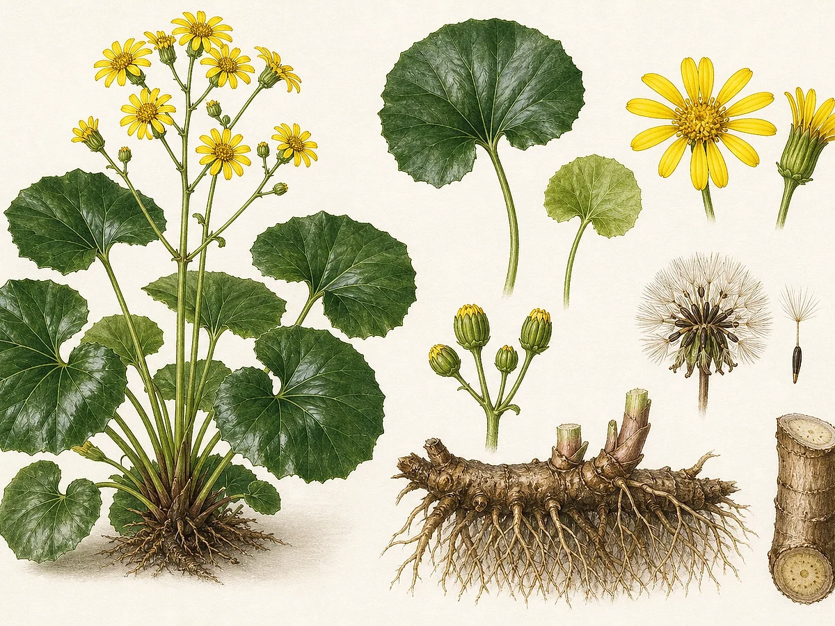 Prancha botânica de Farfugium japonicum com touceira de folhas redondas brilhantes, capítulos amarelos, aquénios e rizoma