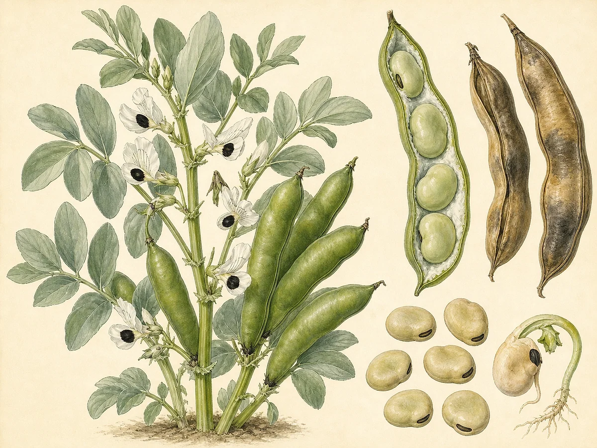 Prancha botânica da fava Do Algarve com caules quadrangulares, folhas glaucas, flores brancas manchadas de negro, vagens e sementes grandes