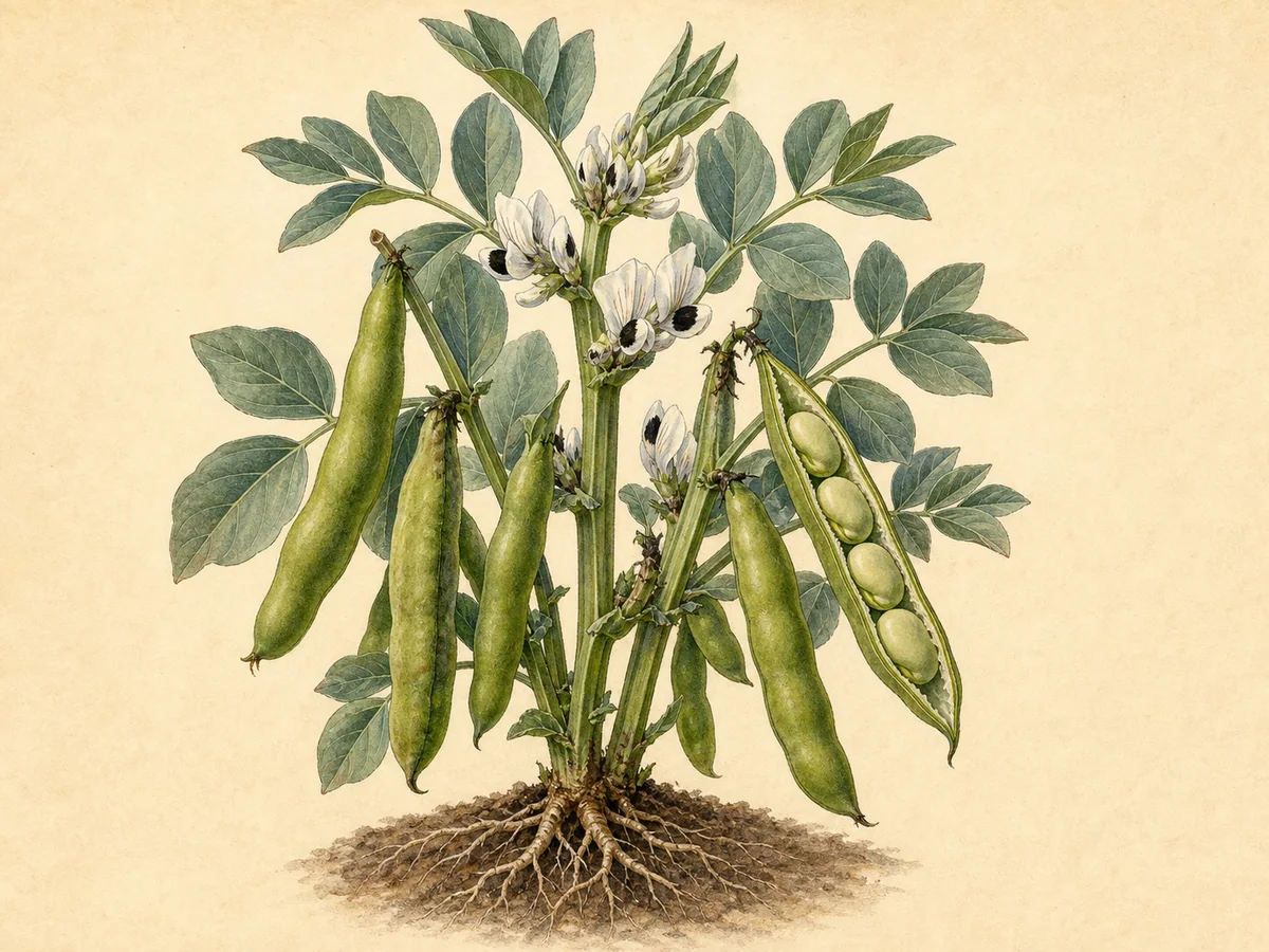 Ilustração botânica de faveiras com flores brancas e negras e vagens grossas