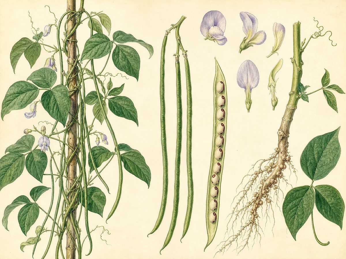 Ilustração botânica de feijão-de-metro trepador com folhas trifoliadas, flores claras, pares de vagens muito longas, sementes e nódulos radiculares