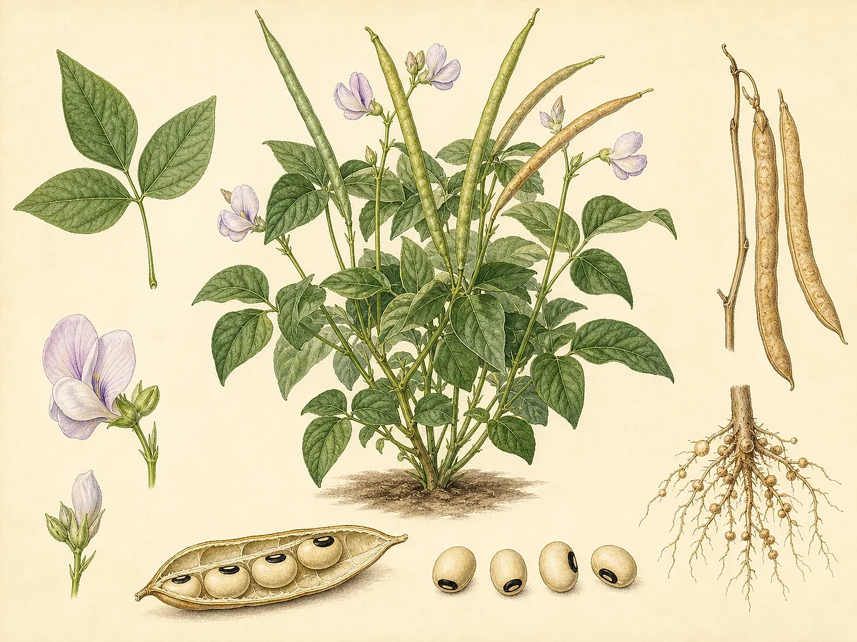 Ilustração botânica de feijão-frade semiereto com folhas trifoliadas, flores claras, vagens, grãos de olho negro e nódulos radiculares