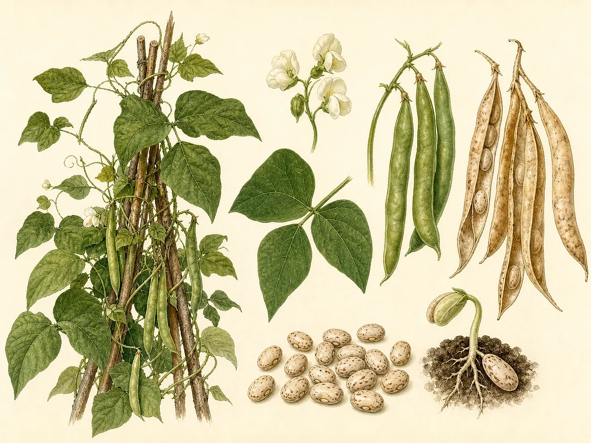 Prancha botânica do feijão Tarreste com trepadeira em vara, folhas trifoliadas, flores, vagens secas e sementes tradicionais