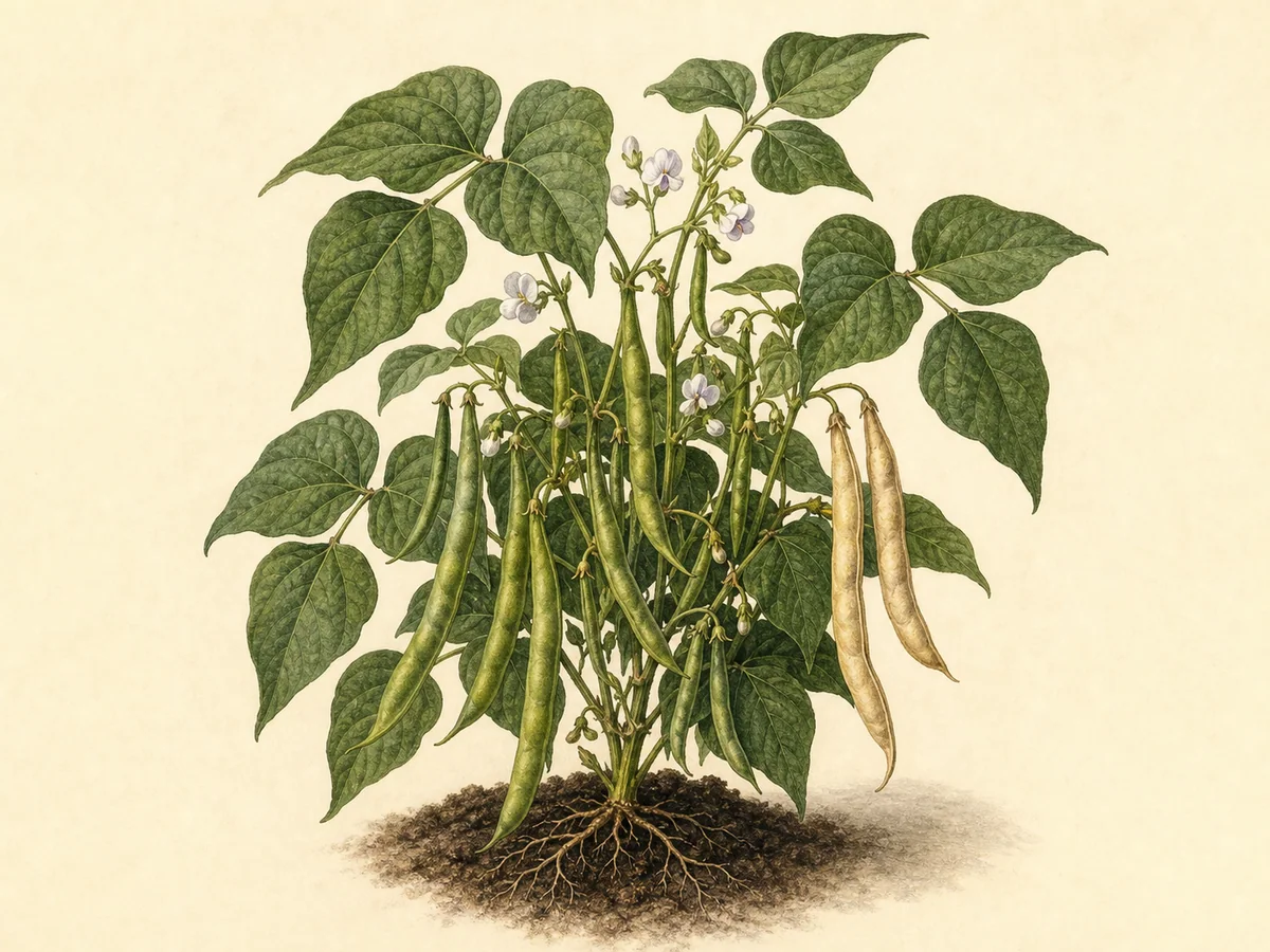 Ilustração botânica de um feijoeiro anão com flores e vagens verdes e secas