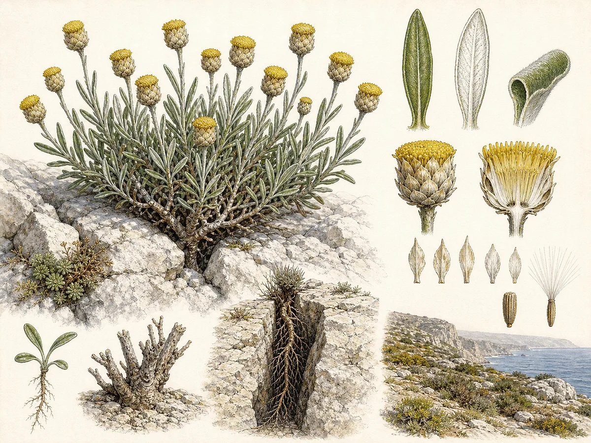 Prancha botânica de Phagnalon saxatile com subarbusto cinzento, folhas estreitas de margens revolutas e capítulos amarelos envoltos por brácteas