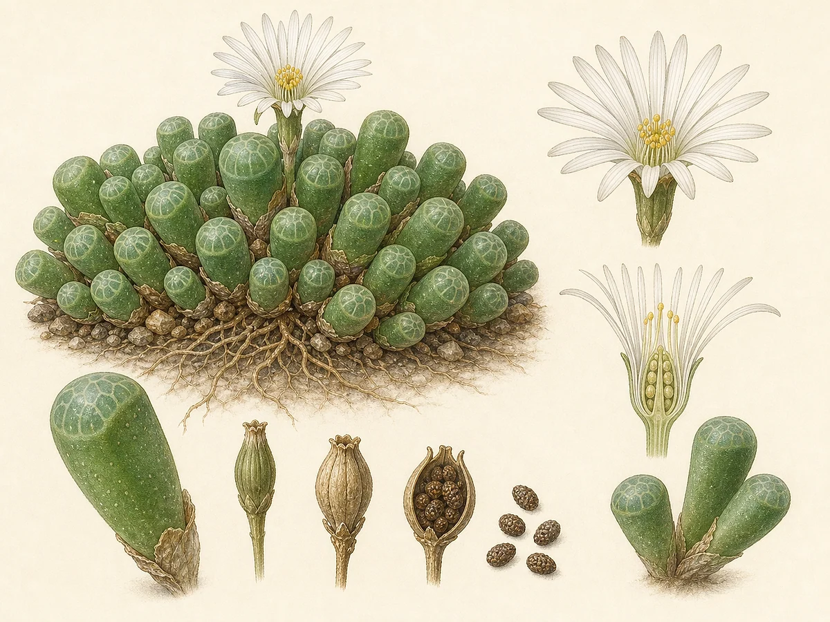 Prancha botânica de Fenestraria rhopalophylla com tapete de folhas clavadas de janela translúcida, flor branca, cápsula e raízes rasas