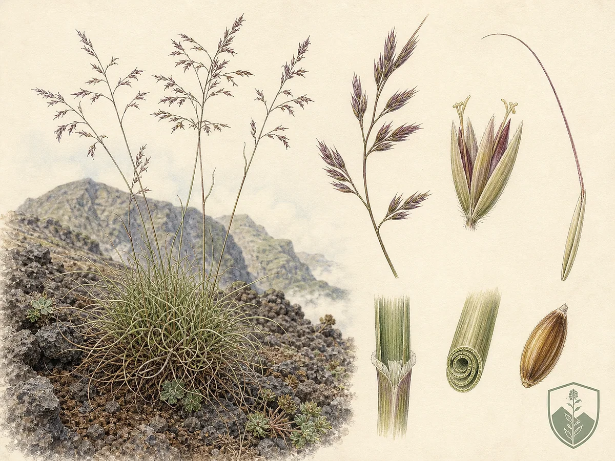 Prancha botânica de Avenella flexuosa subsp. maderensis com tufo de altitude, folhas finas enroladas, panícula delicada e espiguetas ampliadas