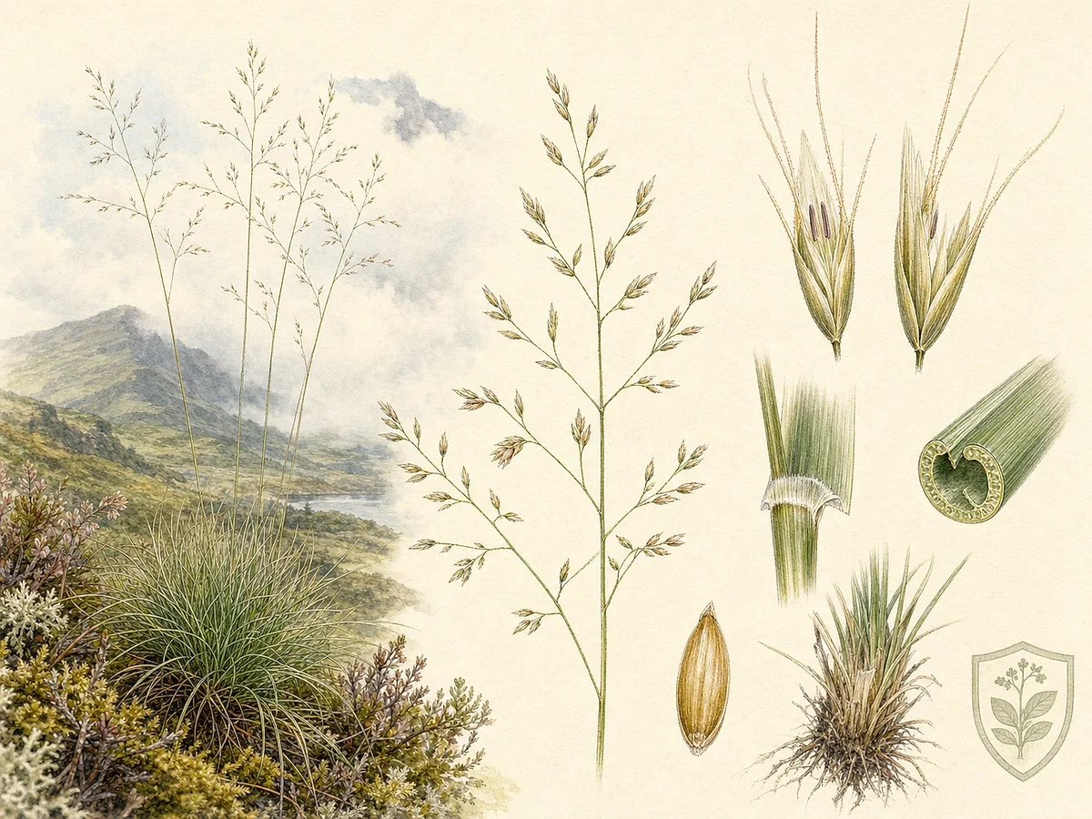 Prancha botânica de Avenella foliosa com tufo fino, folhas filiformes, panícula aérea ramificada, espiguetas e cariopse