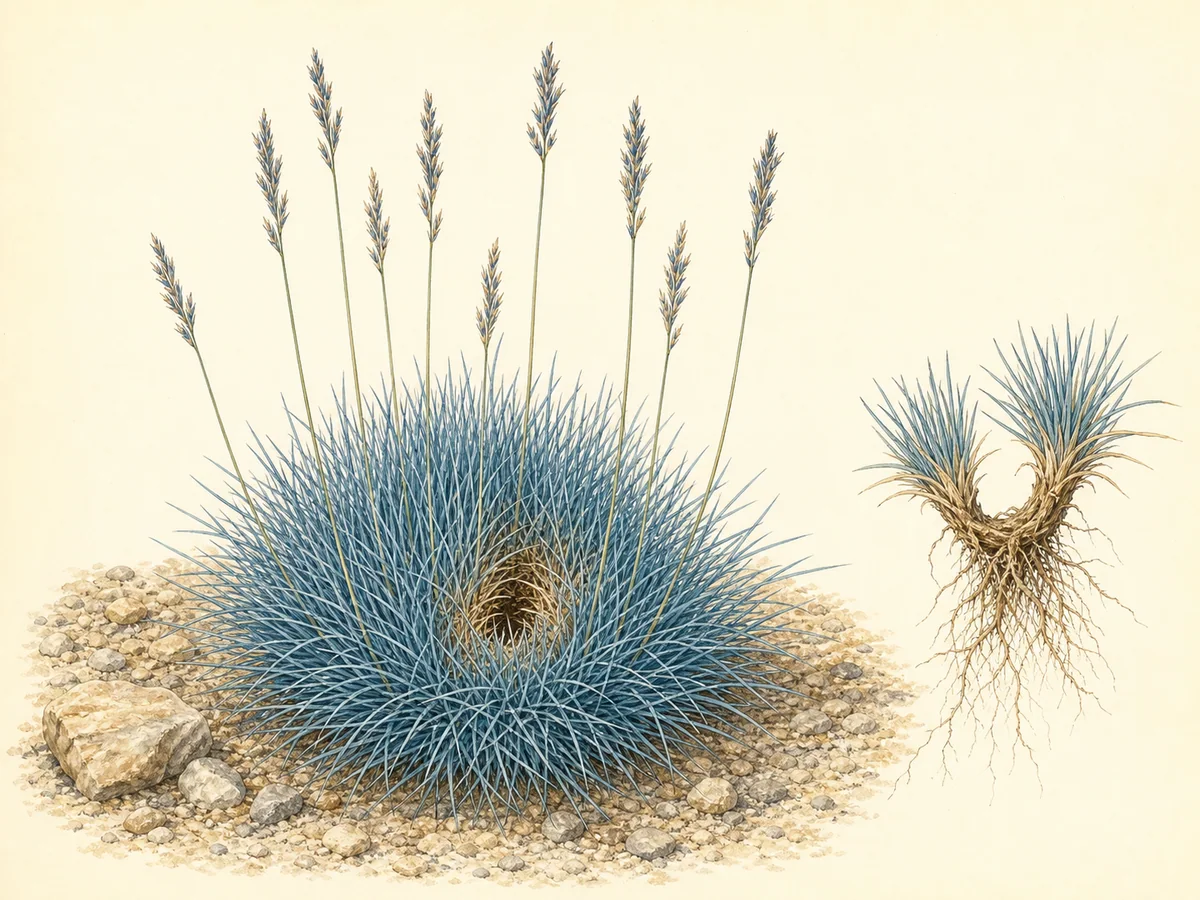 Ilustração botânica de uma festuca-azul em pequena touceira hemisférica com folhas finas azuladas e espigas