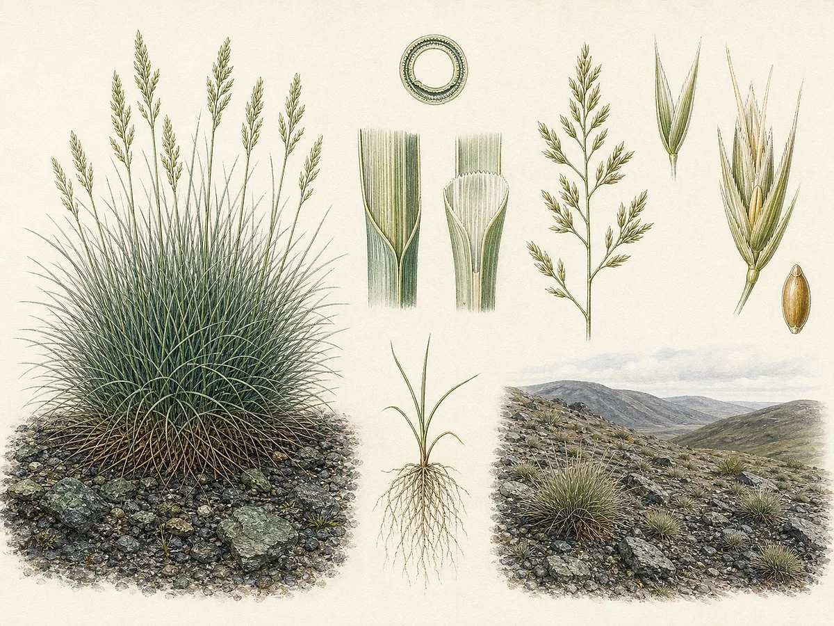 Prancha botânica de Festuca brigantina subsp. brigantina com tufo denso, folhas finas enroladas, panícula curta e espiguetas